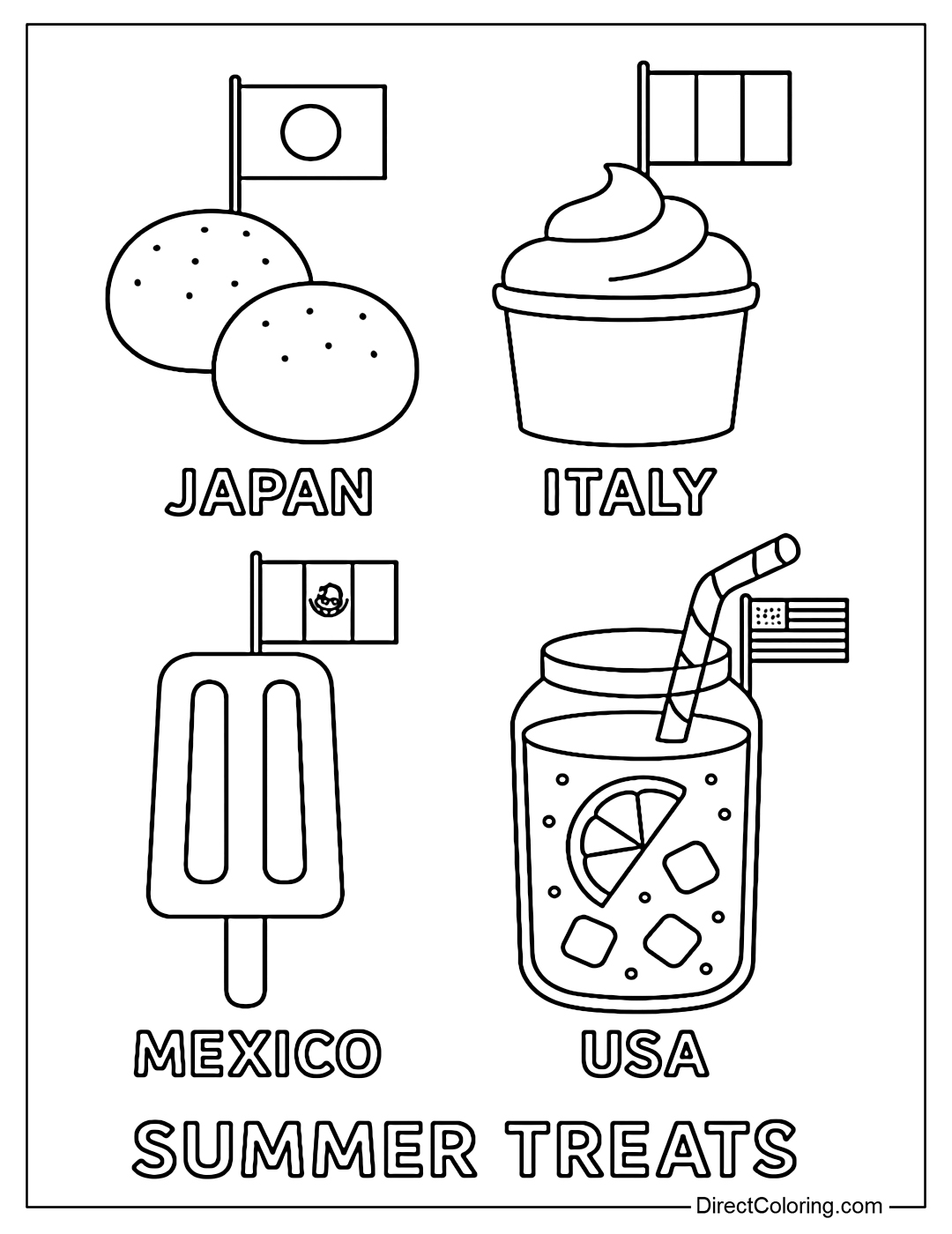 Coloring pages featuring summer favorites from many countries such as Japanese mochi ice cream, Italian gelato, Mexican paleta, American smoothie